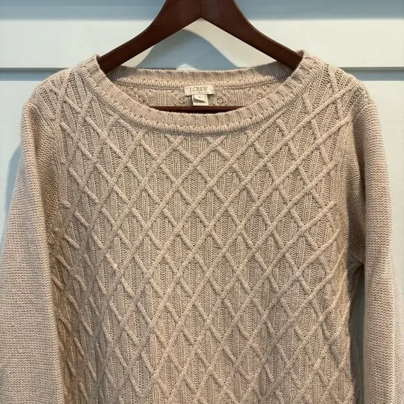 J Crew Sweater Womens Medium Beige Diamond Cable Knit Merino Wool Blend Pullover - Picture 3 of 10